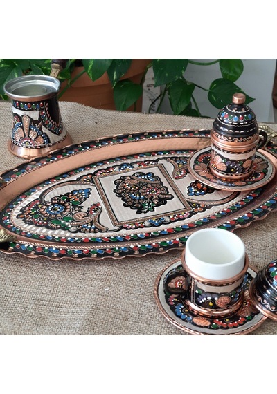 Lüx Gül Çiçek Bakır 2 Li Kahve Takımı