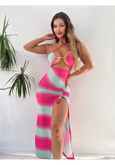 Pink Life Pembe Yeşildegrade Desen Derin Yırtmaçlı Göğüs Dekolteli Midi Elbise