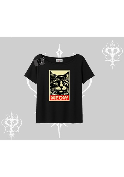 Startmore Startmore Meow Yazılı Kedi Portre Baskılı Kayık Yaka Tshirt Siyah