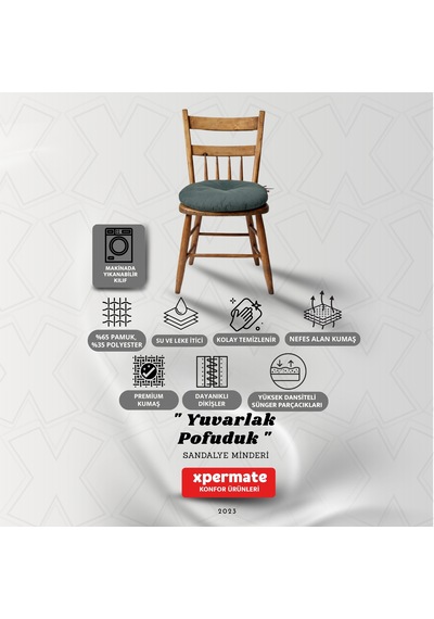 Pofuduk Yuvarlak Sandalye Minderi Mutfak, Balkon, Bahçe Dekoratif Oturma Minderi Yumuşak Dolgu Gri