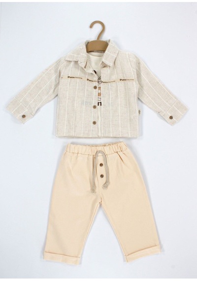 Babyhola Erkek Bebek Bayramlık Takım Araba Baskılı Müslin Kumaş Set 2215 Ekru