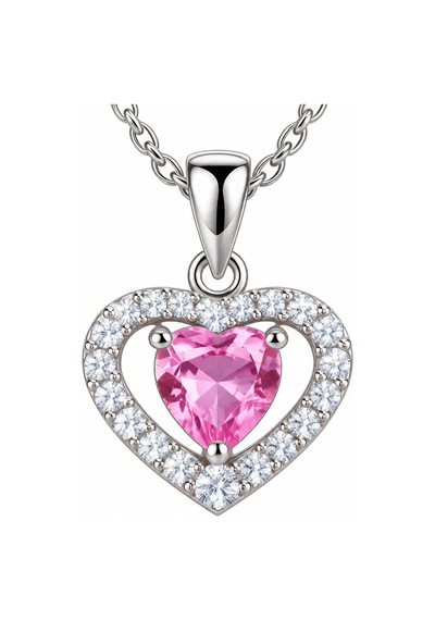 Premium Parlak Ve Şık Pembe Zirkon Taşlı Kalp Kadın 925 Gümüş Kolye 45 Cm
