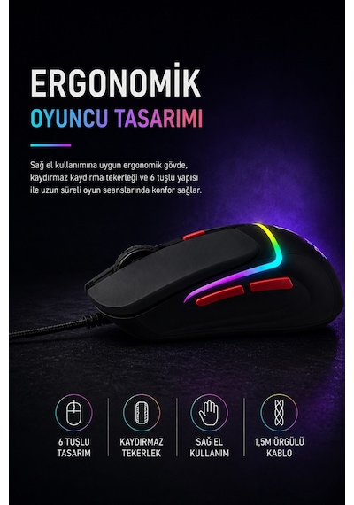 Dexim Dma027 M036p Kablolu Gökkuşağı Led Işıklı 6400 Dpı Gaming Mouse -