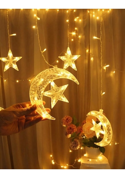 Ay Yıldız Perde Led 8 Mod Ramazan Led Işık Gün Işığı Ramazan Süsleme Led Aydınlatma Ramazan Işık Gün Işığı