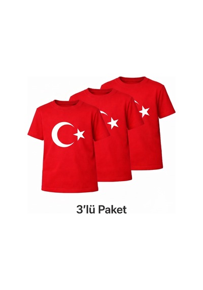 Parti Selesi Unisex 3 Adet Çocuk Bayrak Baskılı Kısa Kollu T-shirt Kırmızı