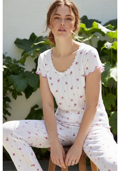 Siyah İnci Pamuklu Pointel Ajurlu/delikli Kısa Kolluörme Pijama Takım 26120641 Beyaz