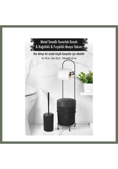 Bezos Metal Standlı Yuvarlak Kovalı & Kağıtlıklı & Fırçalıklı Siyah Banyo Takımı Bezos1