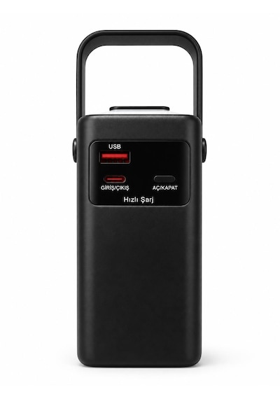 20.000mah Taşınabilir Şarj Cihazı Powerbank Fenerli E Modlu Dijital Göstergeli Micro Usb Type-c Şarj Kablolu Taşıma Kollu Kısa Devre Korumalı siyah