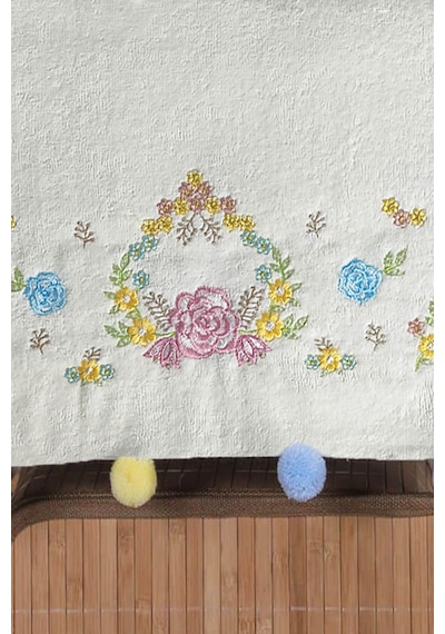 Çeyizlik 6'lı Renkli Ponponlu Çiçek Nakışlı El Yüz Havlusu Seti 50x90 Cm Krem