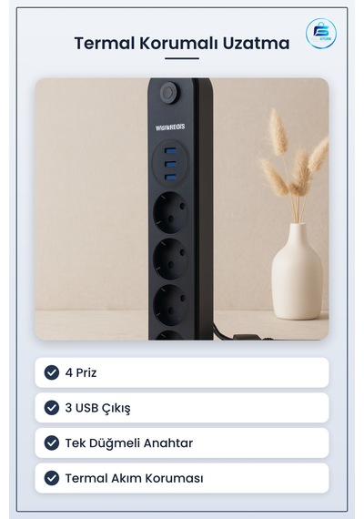Termal Akım Korumalı Uzatma Kablosu 4 Priz 3 Usb Anahtarlı Siyah 1.5