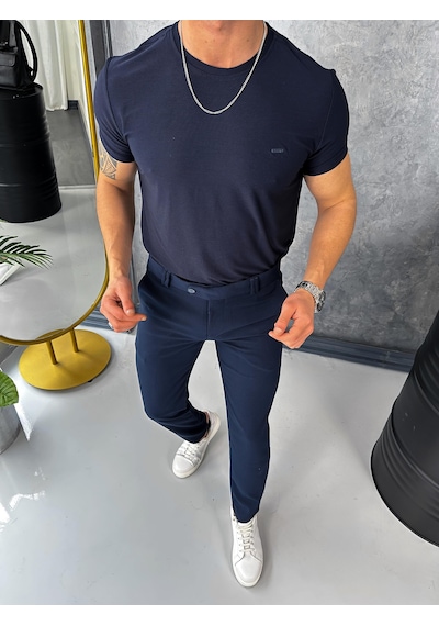 Modefendi Yüksek Kalite Slimfit Merserize Kumaş Bisiklet Yaka Tshirt Lacivert