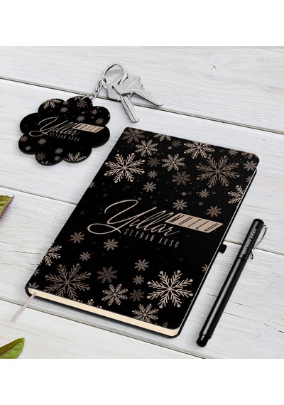 Kişiye Özel Yılbaşı Mutlu Yıllar Siyah Defter Kalem ve Anahtarlık N11.1207 Siyah
