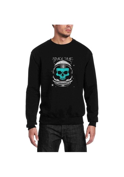 Astronot Kuru Kafa Baskılı Siyah Erkek Örme Sweatshirt