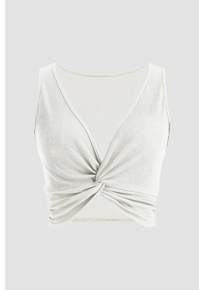 Hiccup Düz Renkli Fitilli Ön Kıvrık Crop Top Beyaz