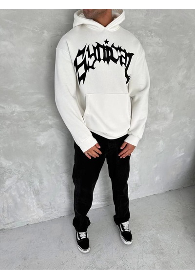 Efnaz Style Unisex Üç İplik Kapşonlu Baskılı Sweatshirt - Beyaz