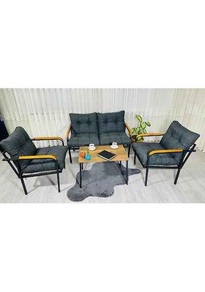 Madame Home Kaktüs Balkon, Bahçe,teras,cafe - Salon - Metal Kanepe Koltuk Takımı - 2 1 1 Sehpa Antrasit