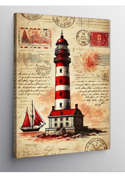 Kanvas Tablo Deniz Feneri Ve Kırmızı Yelkenli 70cmx100cm