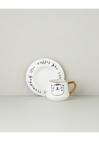 English Home Cute Cat New Bone China 2 Parça 1 Kişilik Kahve Fincan Takımı 90 Ml Siyah-gold Siyah-Gold