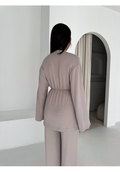 Kadın Simli Uzun Kol Modal Kumaş Kimono Pantolon İkili Takım Şık Ve Rahat Kadın Takım Bej