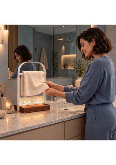 Pilli Led Işıklı El Havluluğu, Ahşap Tabanlı Ayaklı Banyo Havlu Standı Beyaz