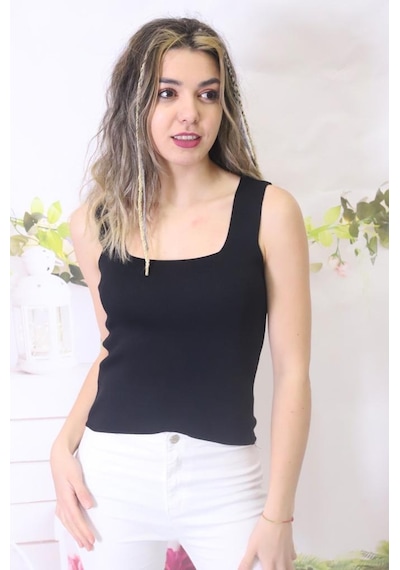 Fashion Cocktail Kadın Siyah Kare Yaka Triko Atlet Bluz Crop Standart Beden Siyah