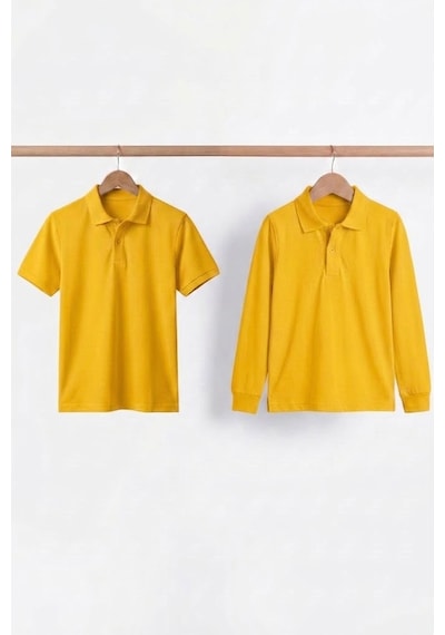 Nacar Store Unisex Çocuk Uzun Ve Kısa Kollu Polo Yaka Okul Tişörtü 2'li Set Koyu Sarı