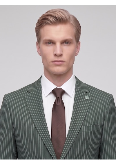 Tk6890 Erkek Çizgili Takım Elbise Slim Fit Modern Kesim Şık Klasik Ceket Pantolon Takım Haki