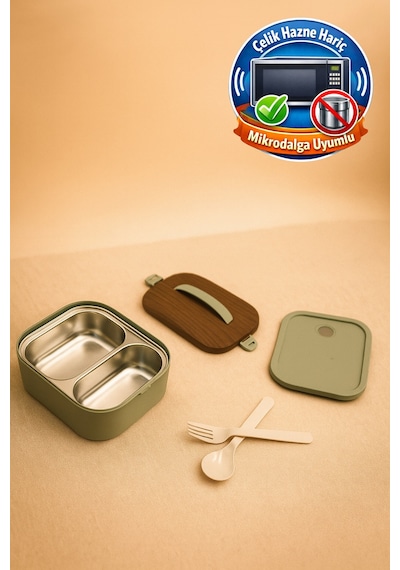 Lunchee - Çelik Bölmeli Sızdırmaz Ahşap Görünümlü Vakum Kapaklı Yemek Kabı Lunchbox 650 Ml Yeşil