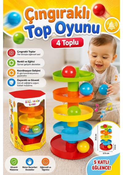 Eğitici 5 Katlı Çıngıraklı Top Kaydırma Kulesi - Bebek Zeka Ve Motor Beceri Geliştirici Oyuncak