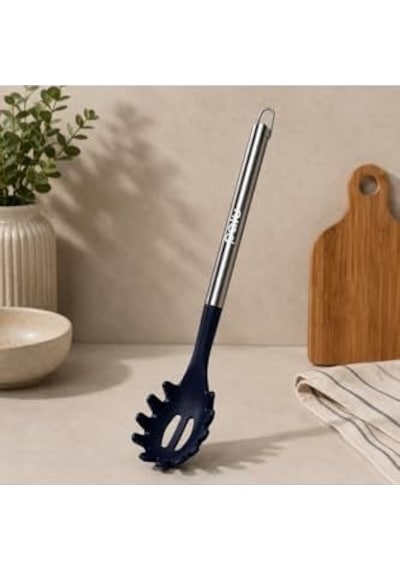 Silikon Makarna Servis Kaşığı, Paslanmaz Çelik Saplı, Lacivert, 34 Cm