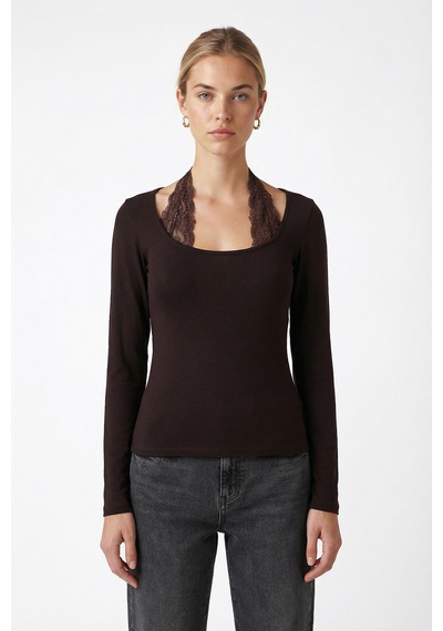 Ritnice Kadın Emma Dantel Detaylı Uzun Kollu Kahverengi Basic Top / Bluz Kahverengi