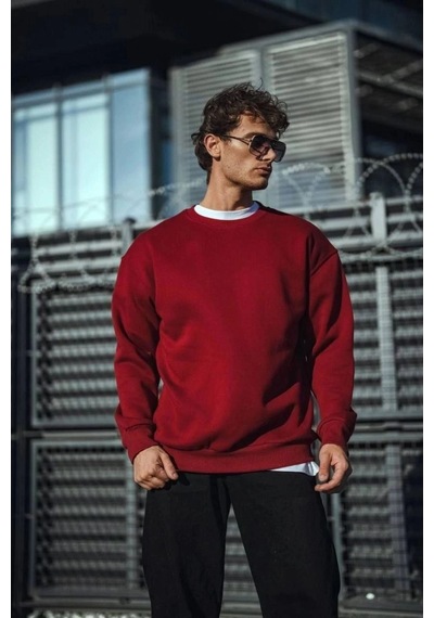 Freedom Storee Erkek Kışlık Bisiklet Yaka Üç İplik Basic Sweatshirt - Bordo Çok Renkli