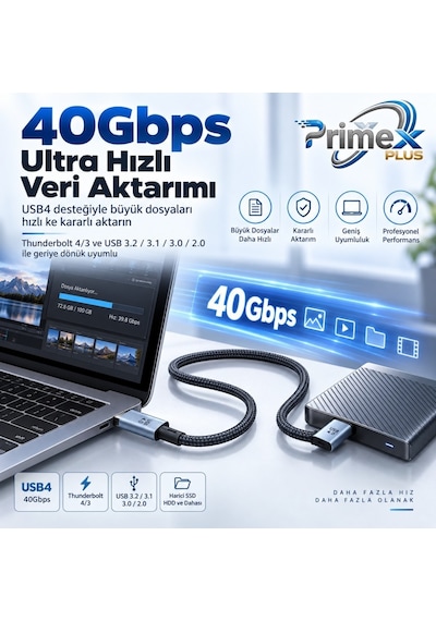 Primex Px-pd240w-2 Usb4 Type-c To Type-c Kablo 2 Metre, 240w Pd Hızlı Şarj, 40gbps Veri Aktarımı, 8k 60hz Görüntü, E-marker Çip, Thunderbolt 3/4 Uyumlu Usb-c Kablo