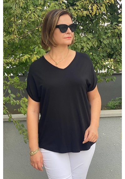 Mia Butik Büyük Beden Siyah Minnoş Bluz -1490 Siyah