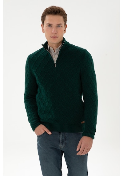 U.S. Polo Assn. Erkek Regular Fit Yarım Fermuarlı Desenli Koyu Yeşil Kazak 50315035-VR079