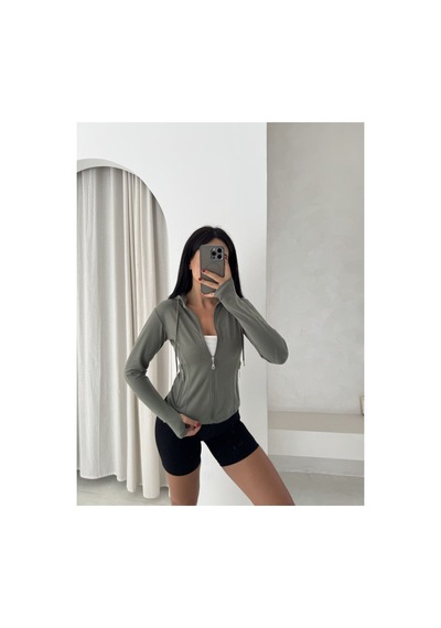 Gugus Kadın Spor Ceket Fermuarlı Kapüşonlu Parmak Geçirmeli Modal Kumaş Haki