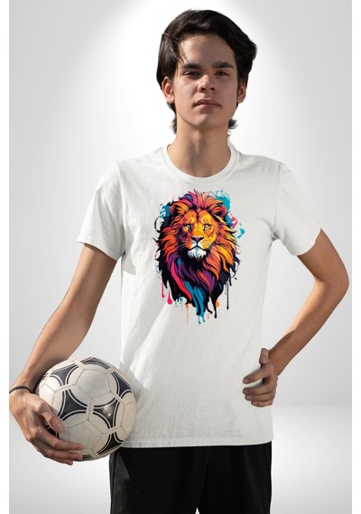 Renkli Yağlı Boya Aslan Unisex Unisex Beyaz Organik Baskılı T-shirt Penye Yüksek Kalite Beyaz