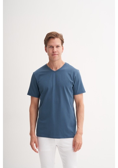 Cazador Slim Fit V Yaka Düz Örme Likarlı Tişört İndigo