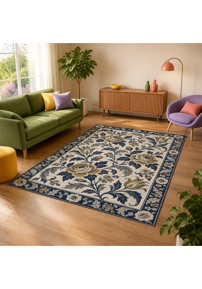 Kartela Halı Vintage Çiçek Bordürlü Halı Lacivert Kaymaz Taban Makinede Yıkanabilir 100x150 Cm