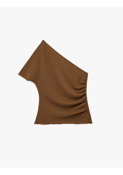 Koton Slim Fit Drape Detaylı Kısa Kollu Tek Omuz Bluz Kahverengi 6sak10273ek Kahve