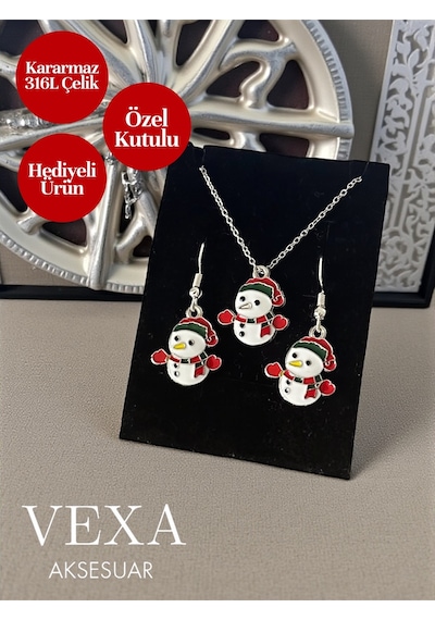 Yılbaşı Kardan Adam 316l Çelik Kolye Küpe Seti Hediyelik Kutulu Gümüş