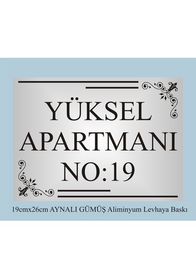 Apartman Kapısı İsimliği 26cm 19cm Aynalı Gümüş Aliminyum Levha
