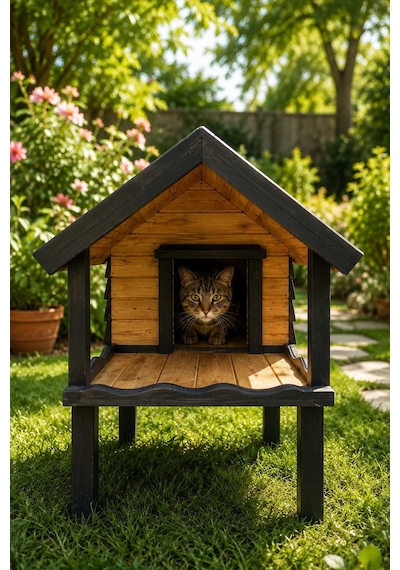 Reyo Narım Isı Yalıtımlı Ahşap Kedi Kulübesi, Kedi Evi Kedi Yuvası Dış Mekan Özel Tasarım 50x70x80 Cm