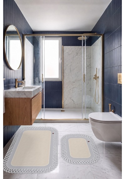 Banyo Paspası Takımı 70x110+50x70 Cm Dış Trikot Ekru & Gümüş Gri Ekru - Gümüş Gri