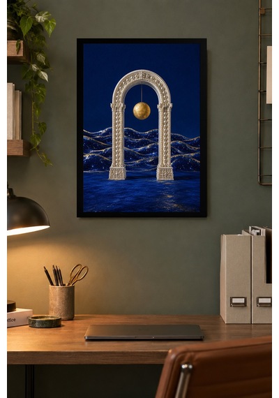Ay Işıklı Su Kemeri Desenli Dekoratif Mdf Tablo, Çerçeve Görünümlü Ahşap Poster
