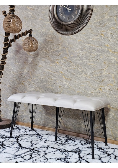 Zafir Metal Siyah Tel Ayaklı 100 Cm Puf Bench - Puf - Bench - Oturak - Mutfak Oturağı - Antre Oturağı Krem