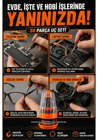 30 Parça Hassas Tornavida Seti Manyetik Uçlu Telefon Laptop Saat Gözlük Tamir Seti