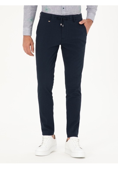 Cacharel Lacivert Slim Fit Beli Bağcıklı Kanvas Pantolon
