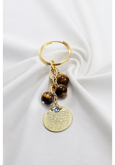 Doğal Taşlı Metal Ayetel Kürsi Dualı Anahtarlık, Kaplan Gözü Bonc