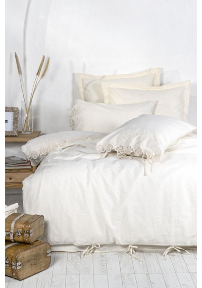 Ecocotton Amanda Çift Kişilik Nevresim Takımı %100 Organik Pamuk Keten Dantelli Krem 200x220 Cm-1473 Krem
